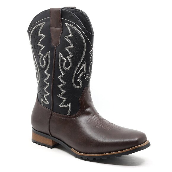 Black / Brown Men's Cowboy Western Embroidered Square Toe Boots - Picture 1 of 6